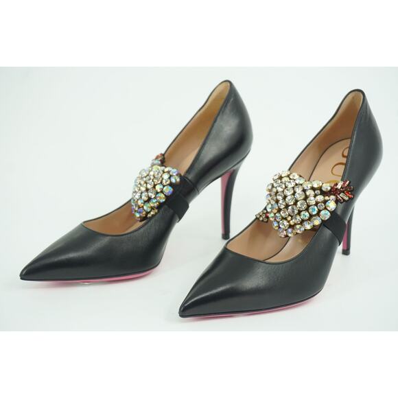 Gucci Black Leather Virginia 95 Crystal Heart Pump Size 38 NIB $1280 Pointy - Picture 7 of 12